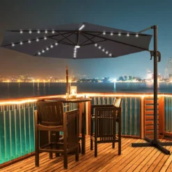 Coswtay Ampelschirm LED Sonnenschirm Outdoor LED Gartenschirm neigbar mit Kreuzständer Grau