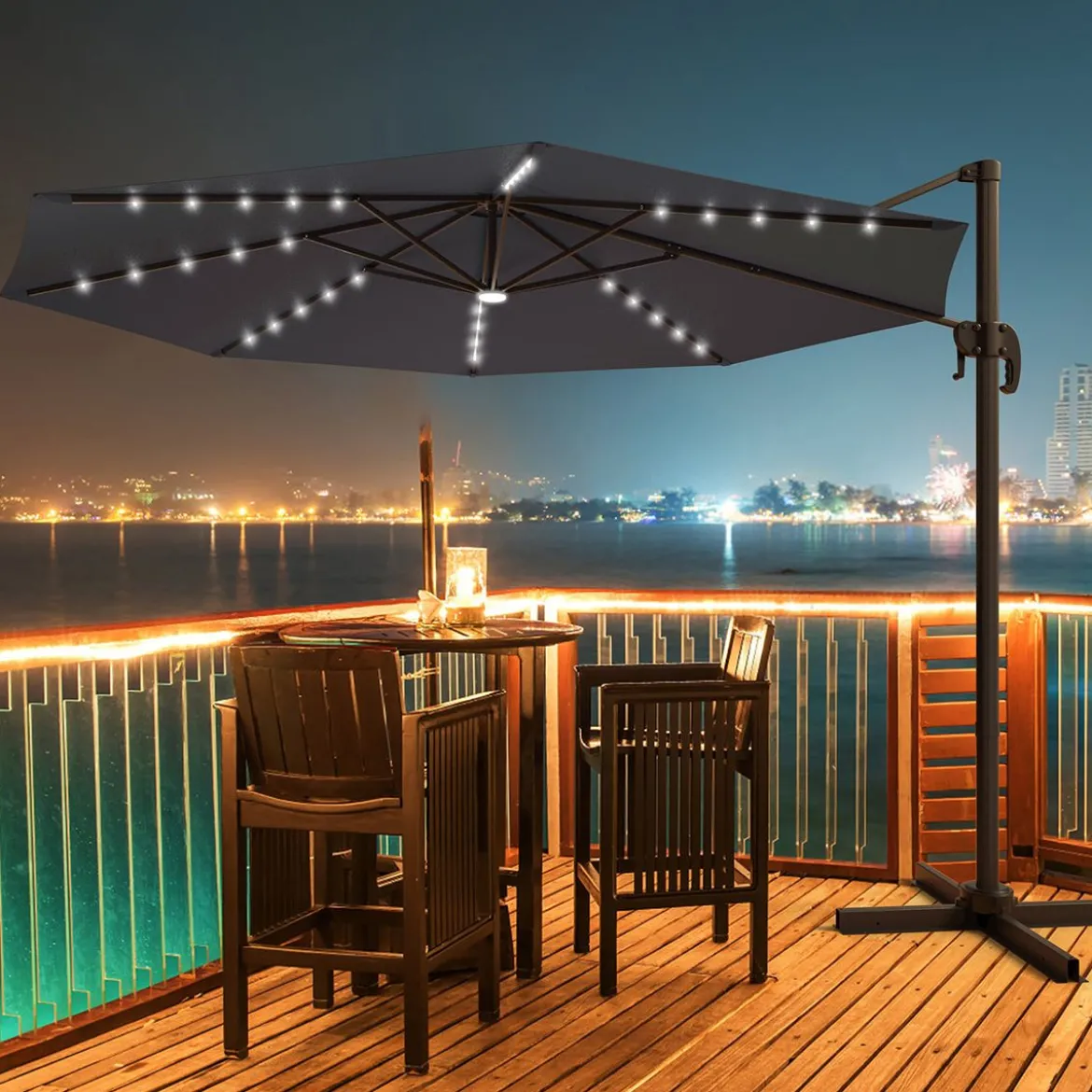 Coswtay Ampelschirm LED Sonnenschirm Outdoor LED Gartenschirm neigbar mit Kreuzständer Grau