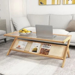 Couchtisch aus Bambus 120 cm 2-stöckiger Rechteckiger Kaffeetisch Natur