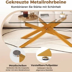 Couchtisch aus Gehärtetem Glas Rechteckiger Glastisch Moderner Kaffeetisch 120 x 60 x 45,5 cm Gold