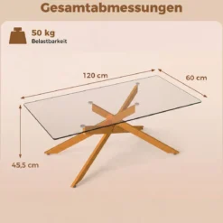 Couchtisch aus Gehärtetem Glas Rechteckiger Glastisch Moderner Kaffeetisch 120 x 60 x 45,5 cm Gold