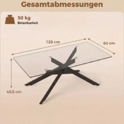 Couchtisch aus Gehärtetem Glas Rechteckiger Glastisch Moderner Kaffeetisch 120 x 60 x 45,5 cm Schwarz