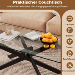 Couchtisch aus Gehärtetem Glas Rechteckiger Glastisch Moderner Kaffeetisch 120 x 60 x 45,5 cm Schwarz