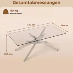 Couchtisch aus Gehärtetem Glas Rechteckiger Glastisch Moderner Kaffeetisch 120 x 60 x 45,5 cm Silber