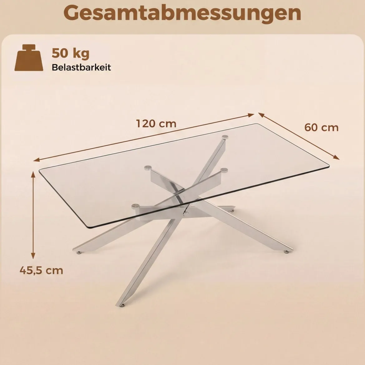 Couchtisch aus Gehärtetem Glas Rechteckiger Glastisch Moderner Kaffeetisch 120 x 60 x 45,5 cm Silber