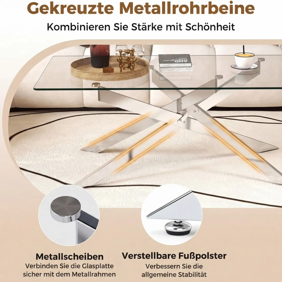 Couchtisch aus Gehärtetem Glas Rechteckiger Glastisch Moderner Kaffeetisch 120 x 60 x 45,5 cm Silber