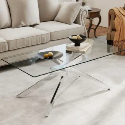 Couchtisch aus Gehärtetem Glas Rechteckiger Glastisch Moderner Kaffeetisch 120 x 60 x 45,5 cm Silber