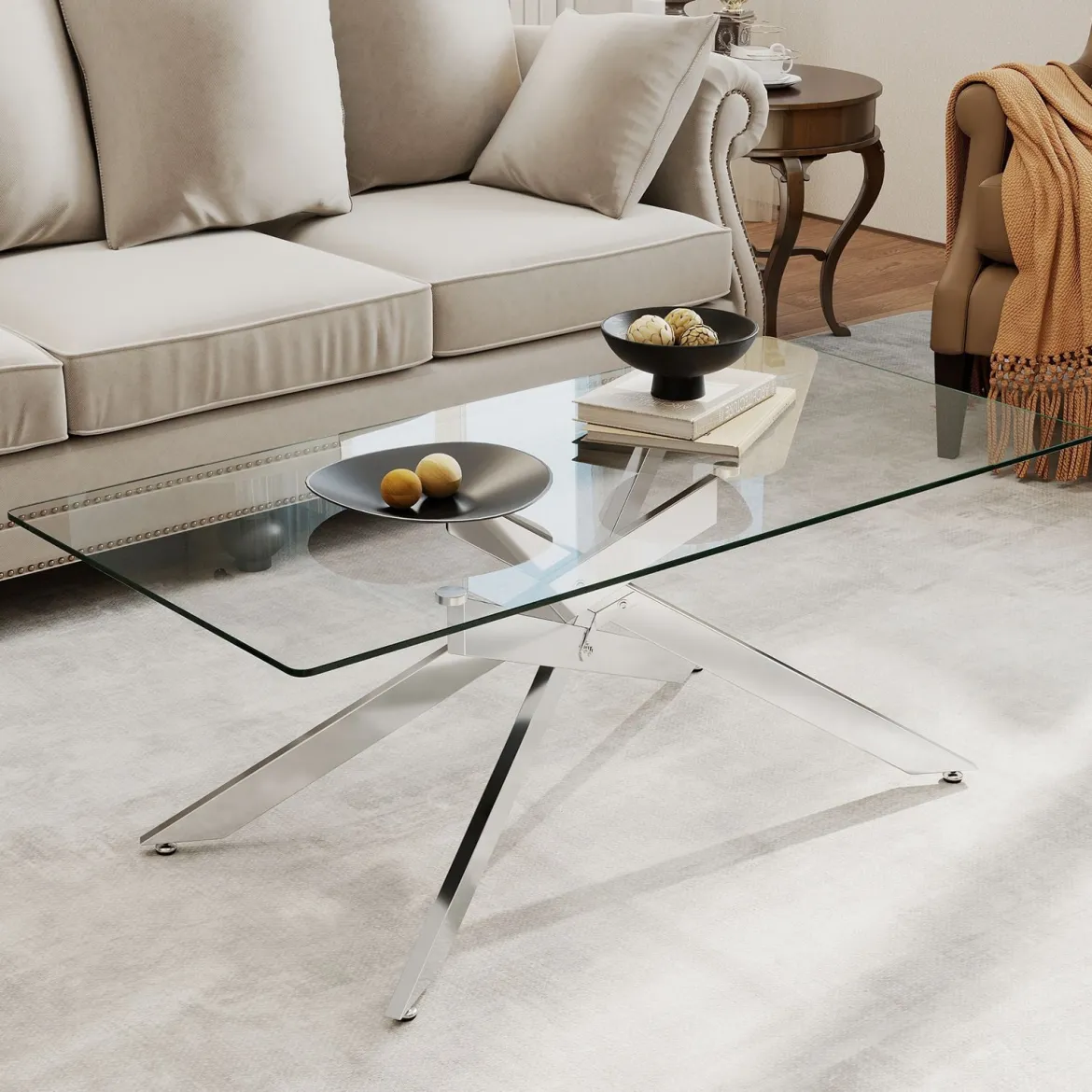 Couchtisch aus Gehärtetem Glas Rechteckiger Glastisch Moderner Kaffeetisch 120 x 60 x 45,5 cm Silber