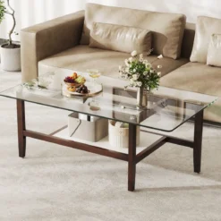 Couchtisch aus Glas 2-stöckiger Beistelltisch mit Ablagefläche 107 cm Langer rechteckiger Kaffeetisch