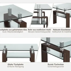 Couchtisch aus Glas Wohnzimmertisch mit unterer Ablage Sofatisch 99,5 x 59,5 x 44,5 cm Braun