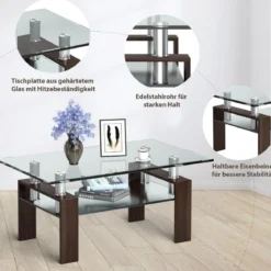 Couchtisch aus Glas Wohnzimmertisch mit unterer Ablage Sofatisch 99,5 x 59,5 x 44,5 cm Braun
