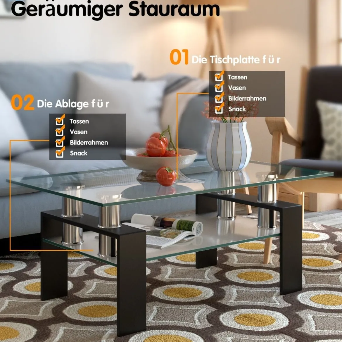 Couchtisch aus Glas Wohnzimmertisch mit unterer Ablage Sofatisch 99,5 x 59,5 x 44,5 cm Schwarz