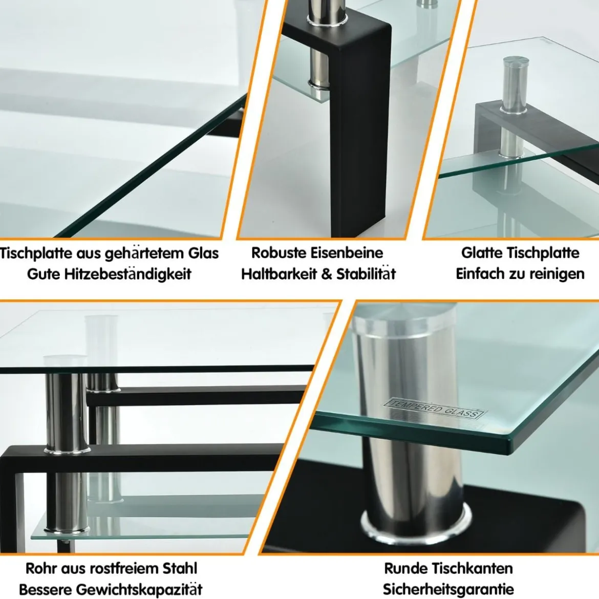 Couchtisch aus Glas Wohnzimmertisch mit unterer Ablage Sofatisch 99,5 x 59,5 x 44,5 cm Schwarz