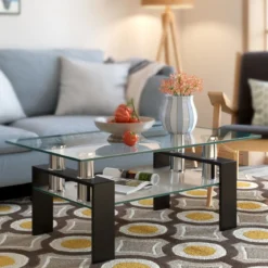 Couchtisch aus Glas Wohnzimmertisch mit unterer Ablage Sofatisch 99,5 x 59,5 x 44,5 cm Schwarz