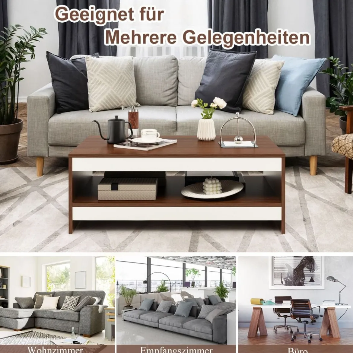 Couchtisch aus Holz 2 Ebenen Wohnzimmertisch mit Ablagefläche 94 x 55 x 35 cm Walnuss + Weiß