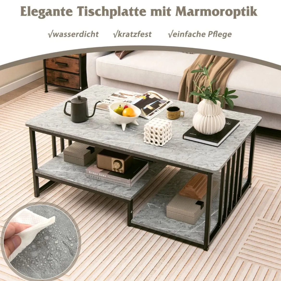 Couchtisch aus Kunst-Marmor mit Offener Ablage & Metallrahmen Beistelltisch 110 x 60 x 45 cm