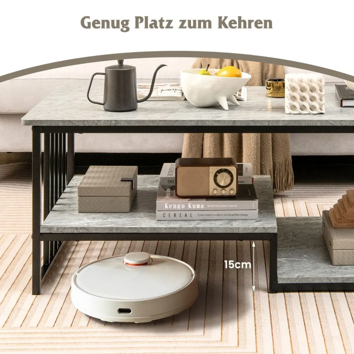 Couchtisch aus Kunst-Marmor mit Offener Ablage & Metallrahmen Beistelltisch 110 x 60 x 45 cm