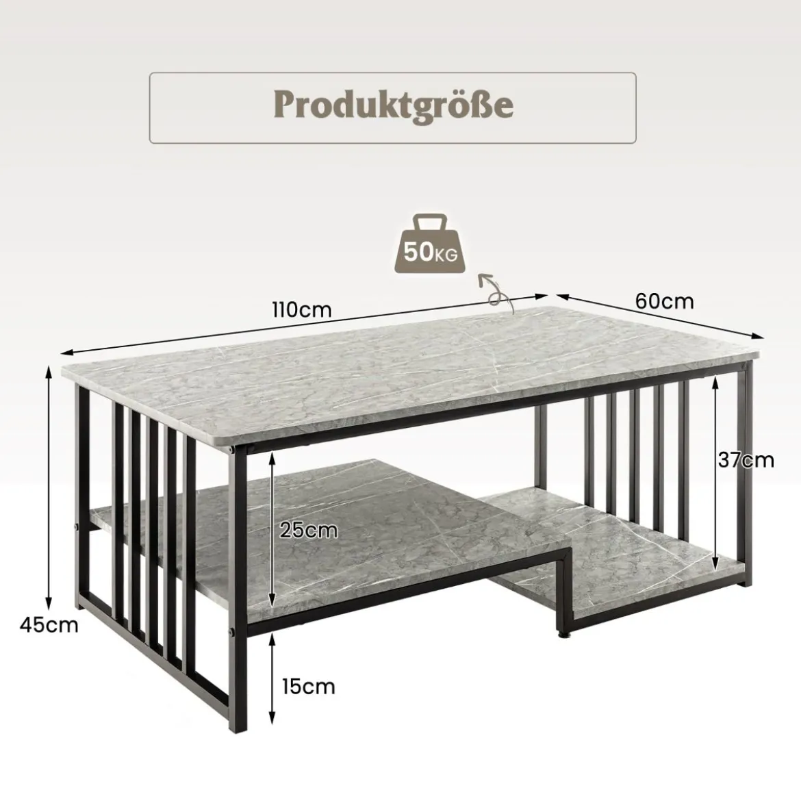 Couchtisch aus Kunst-Marmor mit Offener Ablage & Metallrahmen Beistelltisch 110 x 60 x 45 cm