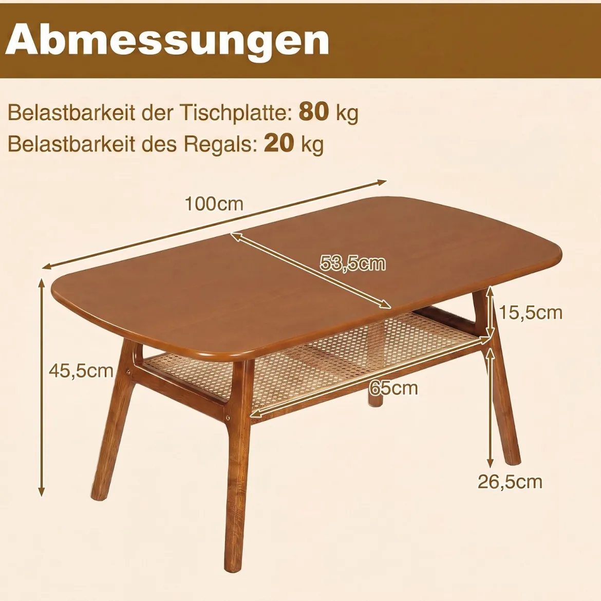 Couchtisch Beistelltisch 2 Ebenen mit Offener Ablage Wohnzimmertsich 100 x 53,5 x 45,5 cm Walnuss