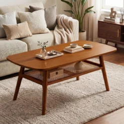 Couchtisch Beistelltisch 2 Ebenen mit Offener Ablage Wohnzimmertsich 100 x 53,5 x 45,5 cm Walnuss