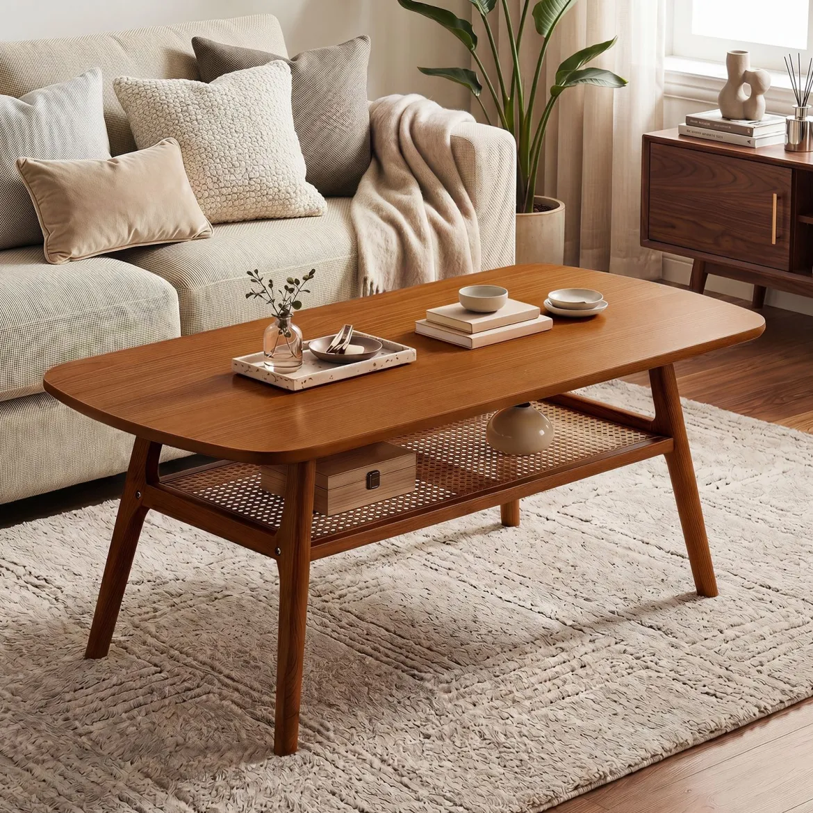 Couchtisch Beistelltisch 2 Ebenen mit Offener Ablage Wohnzimmertsich 100 x 53,5 x 45,5 cm Walnuss