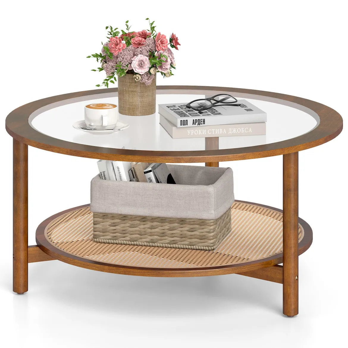 Couchtisch Ø90 cm Runder Beistelltisch mit Glasplatte & Offener Ablage aus Kunststoff-Rattan Walnuss