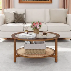 Couchtisch Ø90 cm Runder Beistelltisch mit Glasplatte & Offener Ablage aus Kunststoff-Rattan Walnuss