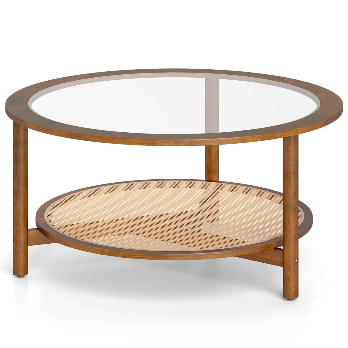 Couchtisch Ø90 cm Runder Beistelltisch mit Glasplatte & Offener Ablage aus Kunststoff-Rattan Walnuss