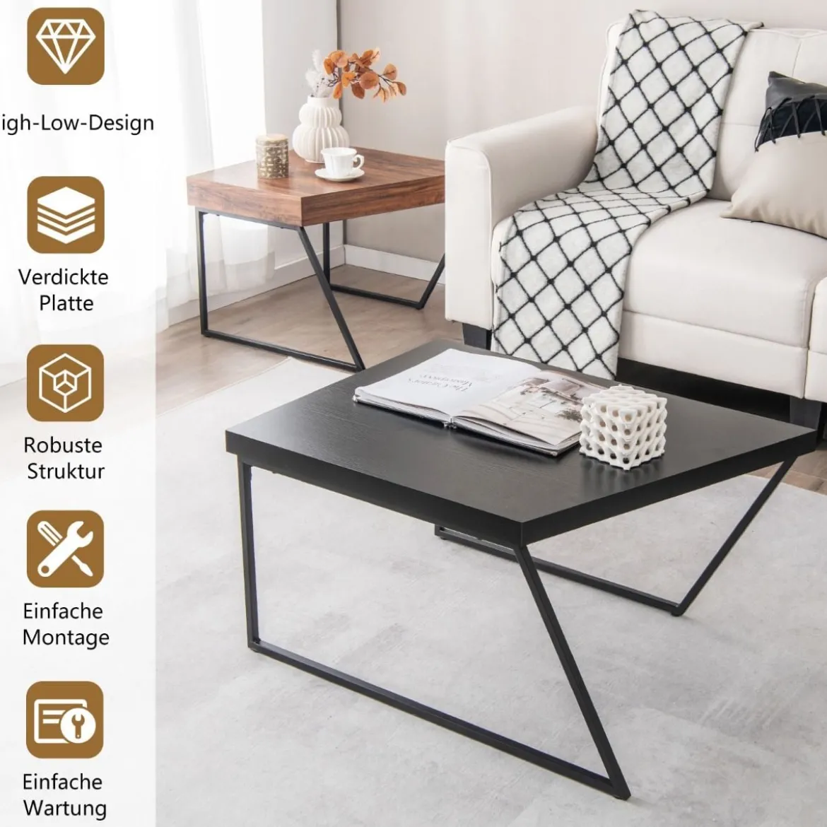 2 Couchtischen Moderner Beistelltisch 120 x 60 x 46 cm Schwarz + Braun