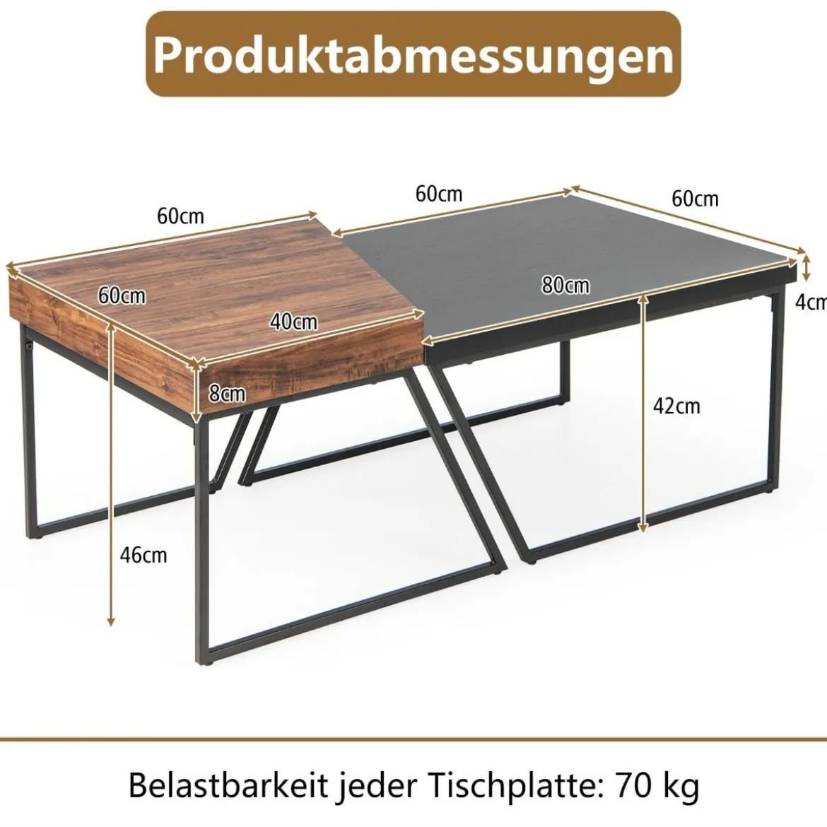 2 Couchtischen Moderner Beistelltisch 120 x 60 x 46 cm Schwarz + Braun