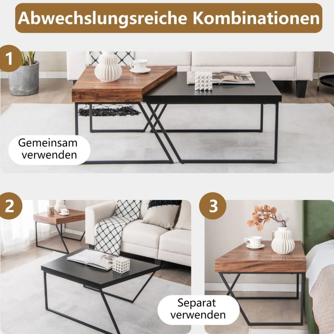 2 Couchtischen Moderner Beistelltisch 120 x 60 x 46 cm Schwarz + Braun