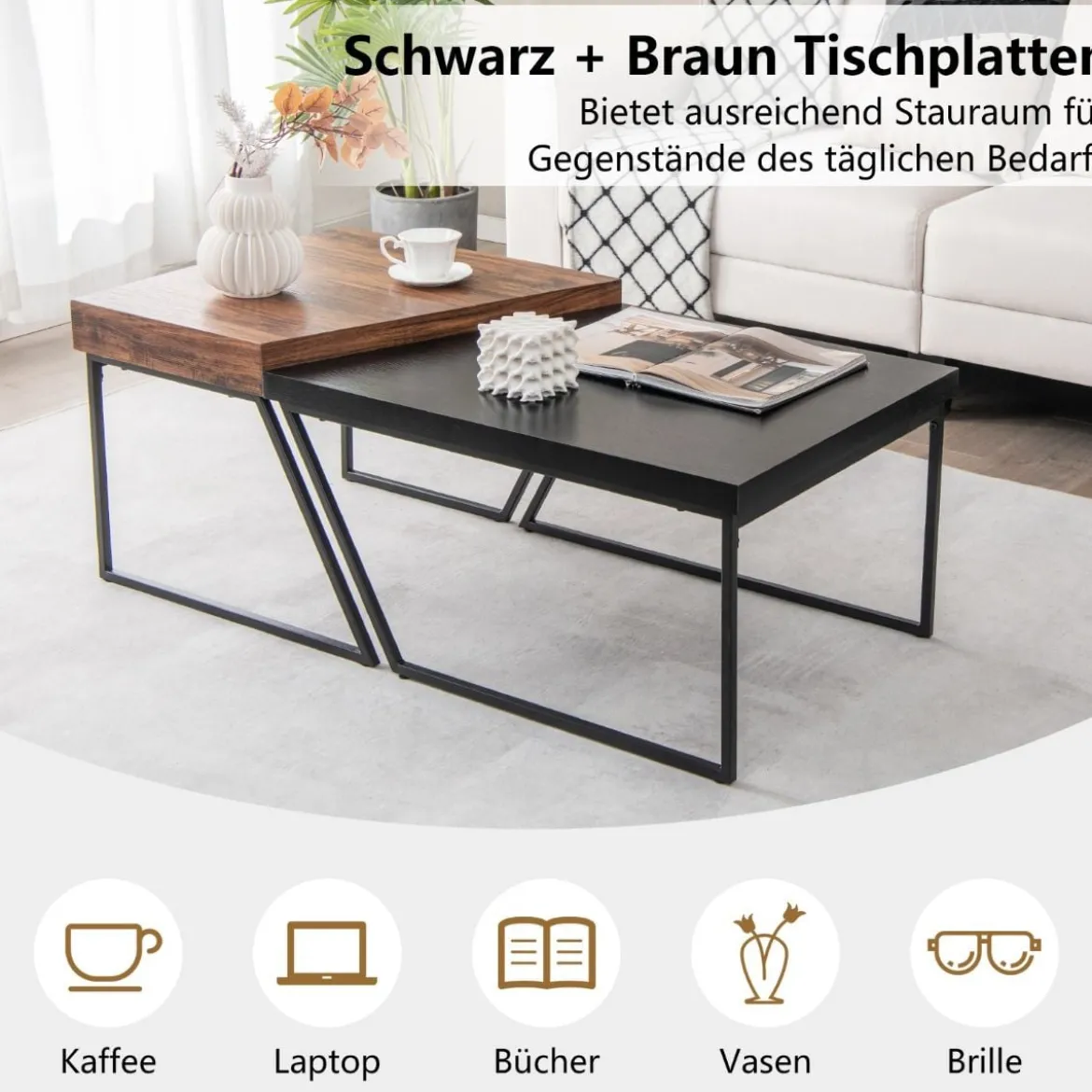 2 Couchtischen Moderner Beistelltisch 120 x 60 x 46 cm Schwarz + Braun