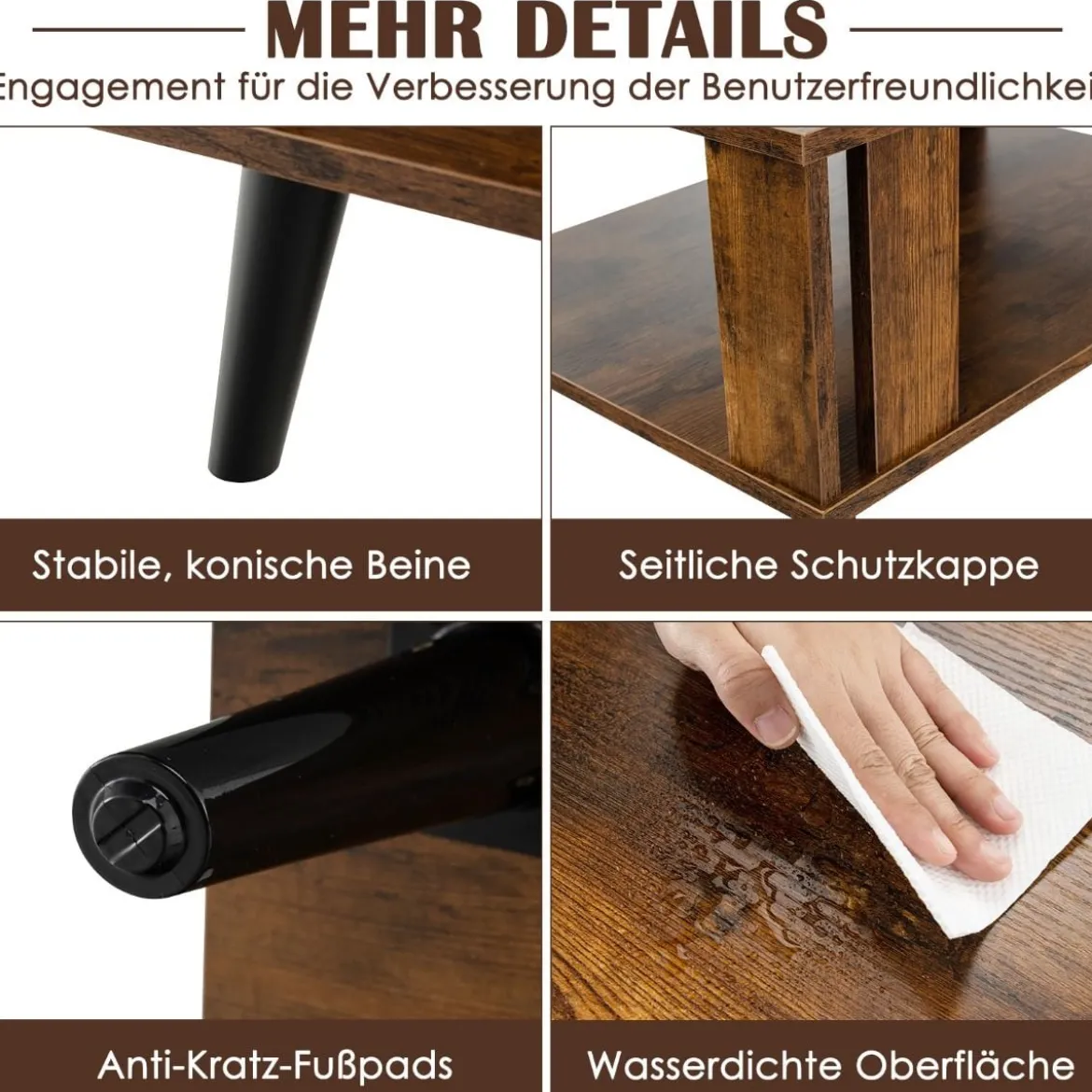 Couchtisch für Kleine Räume 2-Stufiger Kaffeetisch aus Holz 70 x 50 x 41 cm