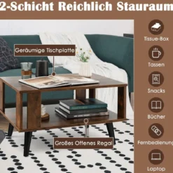 Couchtisch für Kleine Räume 2-Stufiger Kaffeetisch aus Holz 70 x 50 x 41 cm