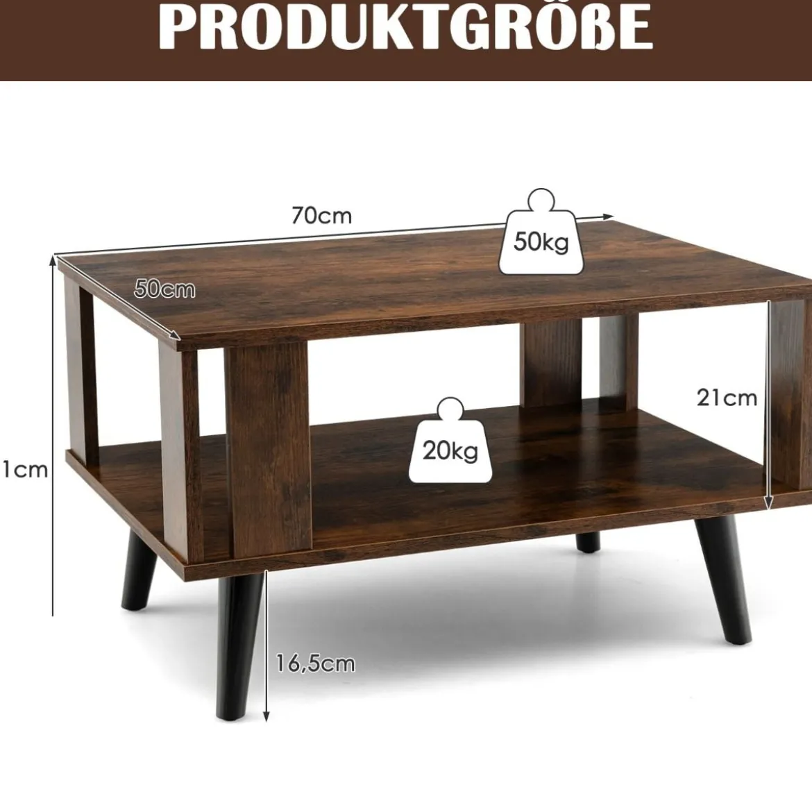 Couchtisch für Kleine Räume 2-Stufiger Kaffeetisch aus Holz 70 x 50 x 41 cm
