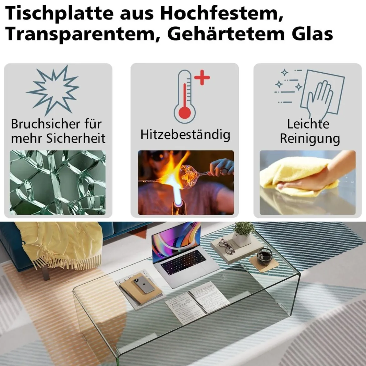 Couchtisch Glastisch U-förmiger Beistelltisch aus Gehärtetem Glas 108 x 50 x 35 cm