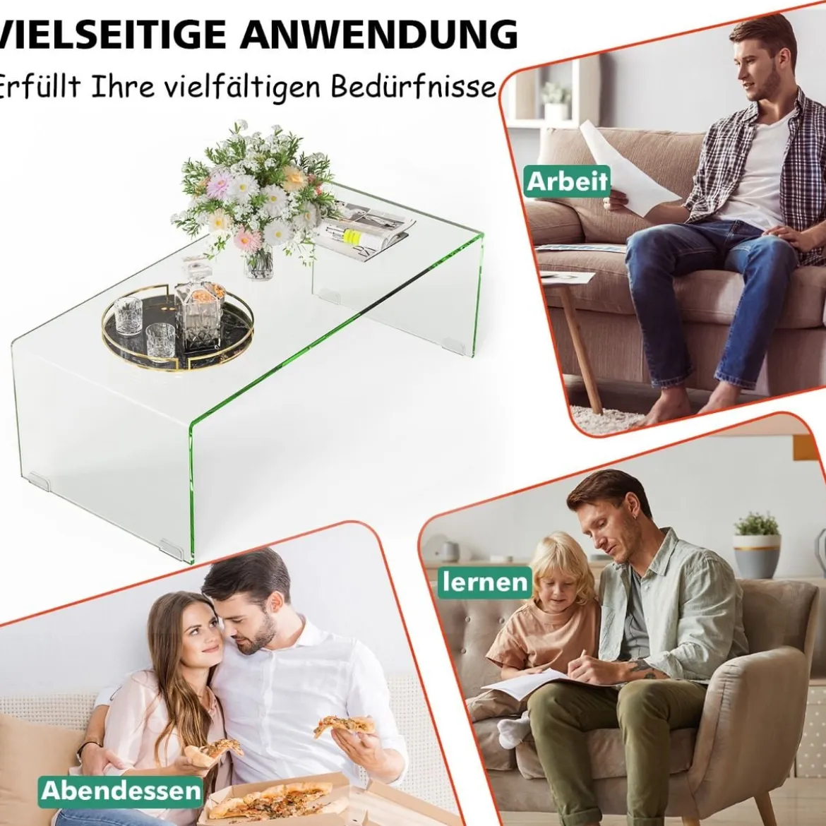 Couchtisch Glastisch U-förmiger Beistelltisch aus Gehärtetem Glas 108 x 50 x 35 cm