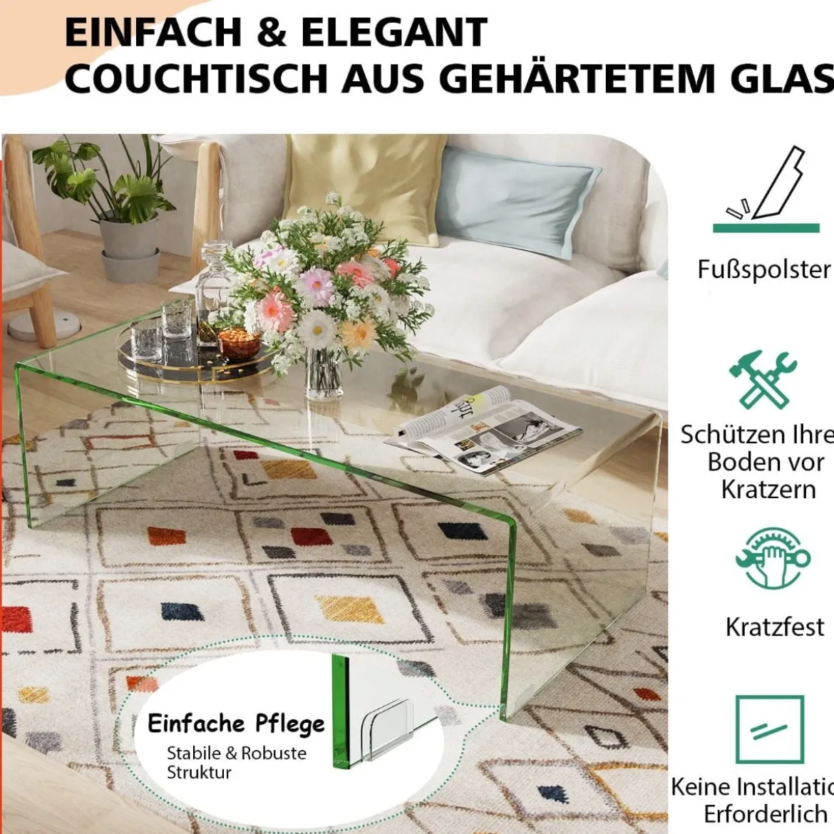 Couchtisch Glastisch U-förmiger Beistelltisch aus Gehärtetem Glas 108 x 50 x 35 cm
