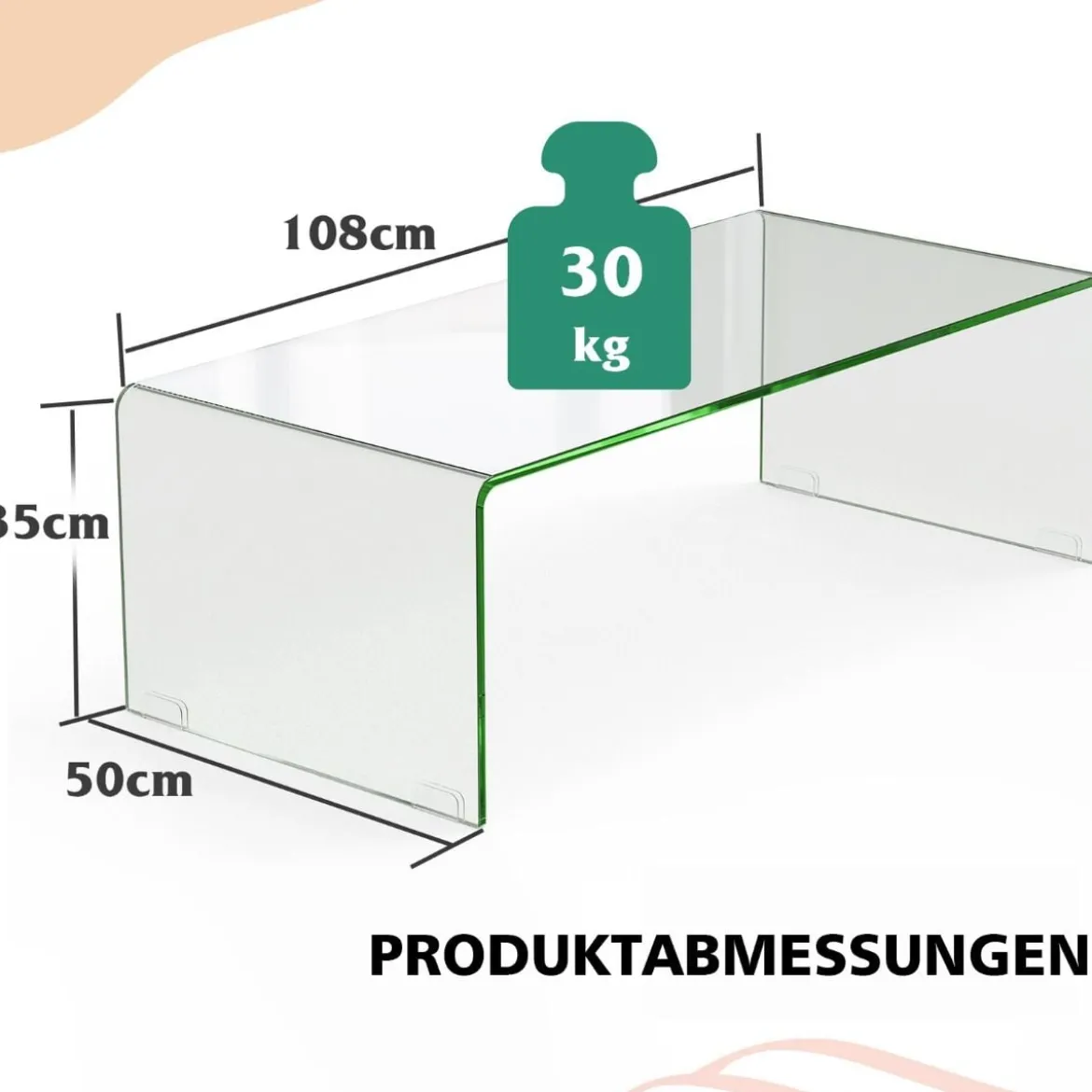 Couchtisch Glastisch U-förmiger Beistelltisch aus Gehärtetem Glas 108 x 50 x 35 cm