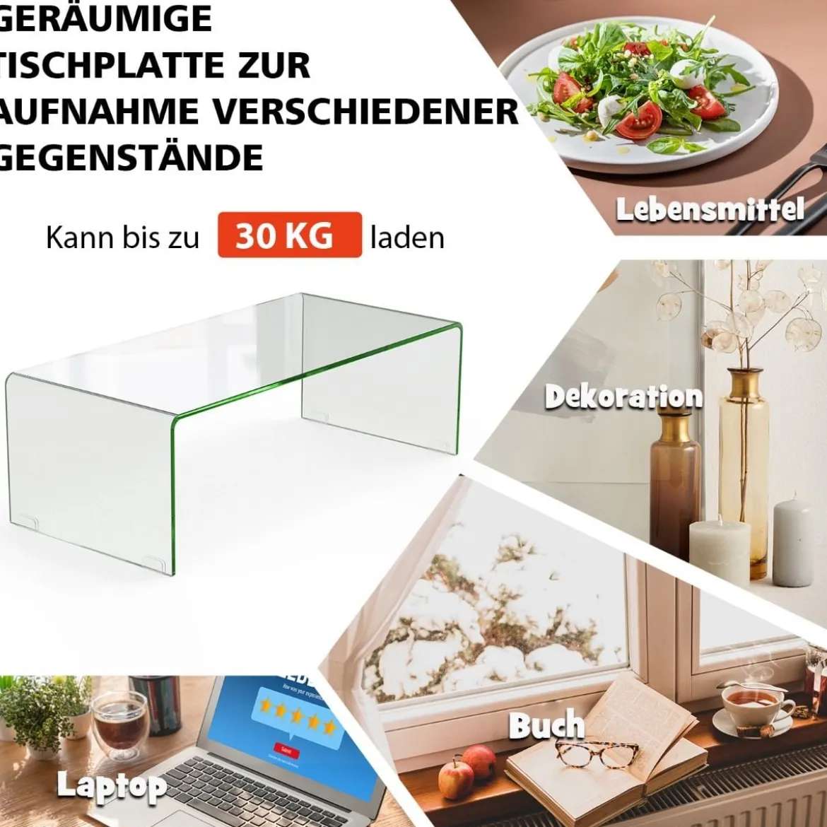 Couchtisch Glastisch U-förmiger Beistelltisch aus Gehärtetem Glas 108 x 50 x 35 cm