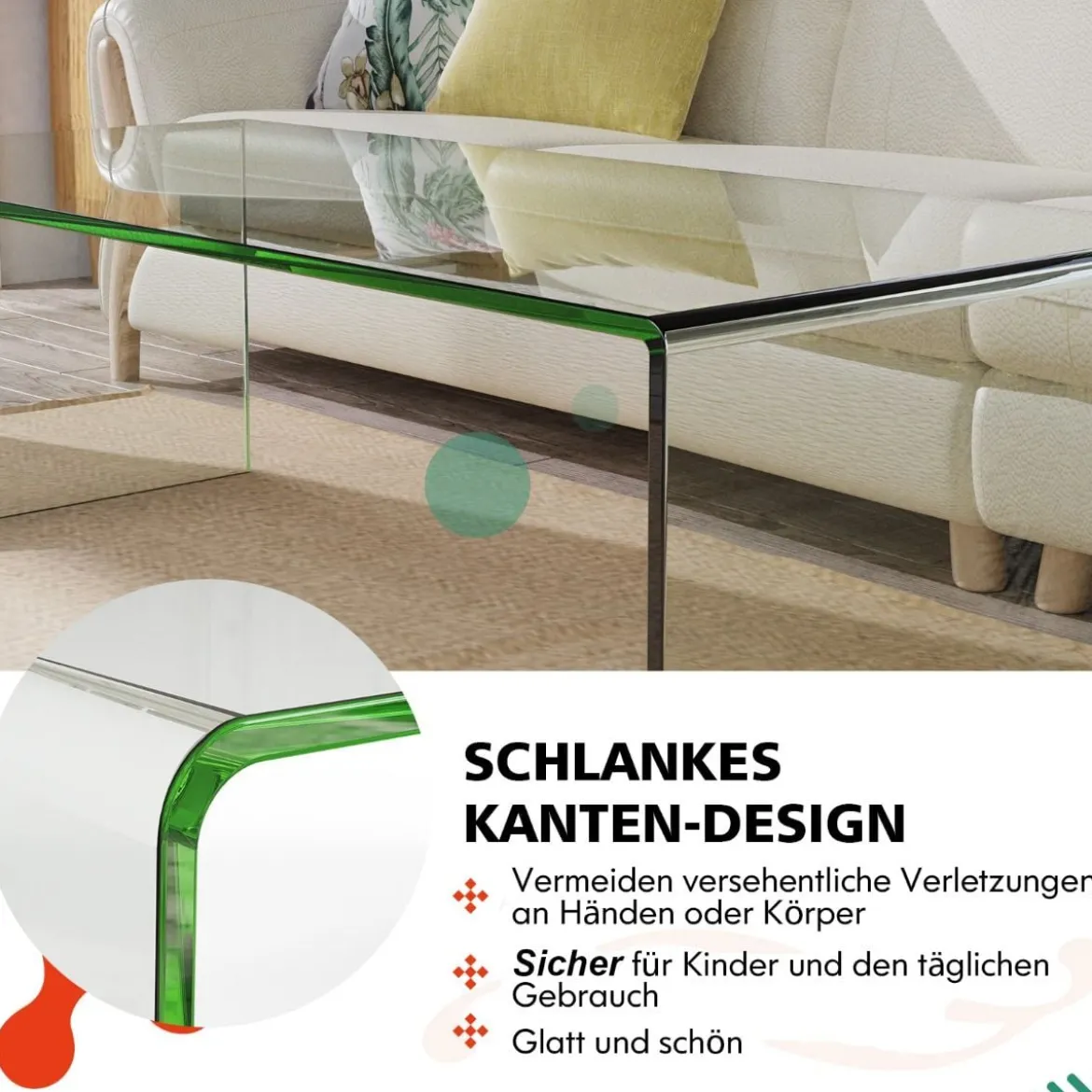 Couchtisch Glastisch U-förmiger Beistelltisch aus Gehärtetem Glas 108 x 50 x 35 cm