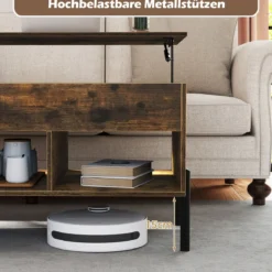 Couchtisch höhenverstellbar Kaffeetisch mit anhebbarer Tischplatte 3 offenen Fachen Braun 100 x 50 x 45/59 cm