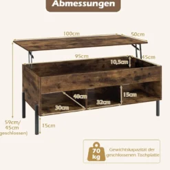 Couchtisch höhenverstellbar Kaffeetisch mit anhebbarer Tischplatte 3 offenen Fachen Braun 100 x 50 x 45/59 cm