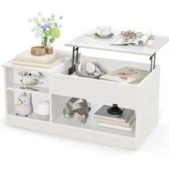 Couchtisch höhenverstellbar mit offenem Stauraum & Tür Kaffeetisch 100 x 50 x 45 cm Weiß