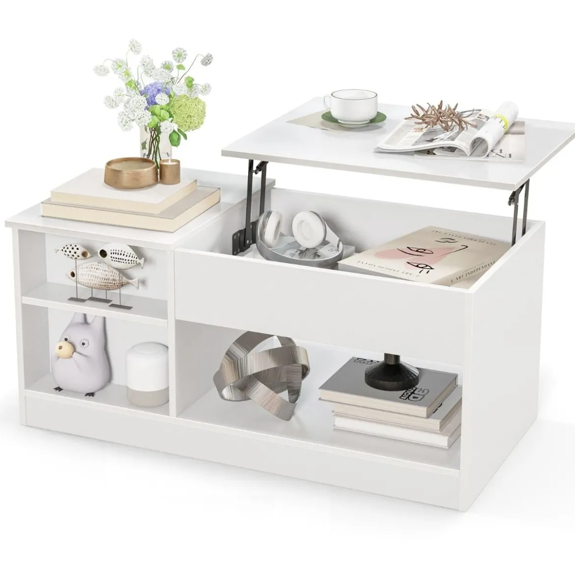 Couchtisch höhenverstellbar mit offenem Stauraum & Tür Kaffeetisch 100 x 50 x 45 cm Weiß