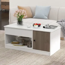 Couchtisch höhenverstellbar mit offenem Stauraum & Tür Kaffeetisch 100 x 50 x 45 cm Weiß