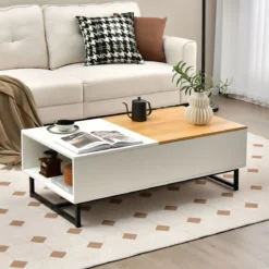 Couchtisch Höhenverstellbar 2 Ebenen Beistelltisch mit Metallrahmen 110 x 60 x 38 cm Weiß