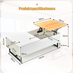 Couchtisch Höhenverstellbar 2 Ebenen Beistelltisch mit Metallrahmen 110 x 60 x 38 cm Weiß