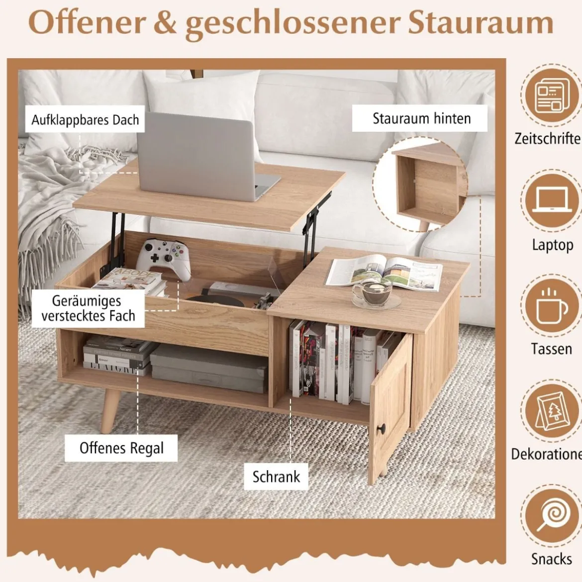Couchtisch höhenverstellbar Wohnzimmertisch Beistelltisch mit verstecktem Fach 100 x 50 x 46/60 cm Braun/Natur