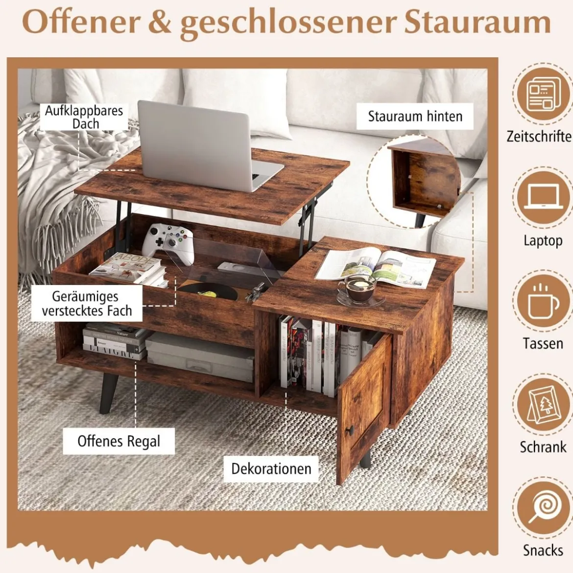 Couchtisch höhenverstellbar Wohnzimmertisch Beistelltisch mit verstecktem Fach 100 x 50 x 46/60 cm Braun/Natur